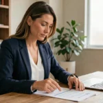 Femme examinant un contrat d'assurance auto tous risques sans franchise à son bureau à domicile