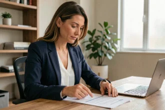 Femme examinant un contrat d'assurance auto tous risques sans franchise à son bureau à domicile