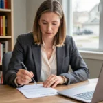 Femme examinant un contrat d'assurance voiture en LOA à son bureau à domicile