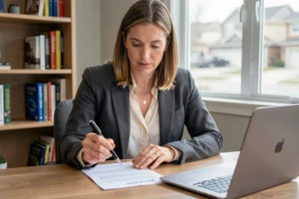 Femme examinant un contrat d'assurance voiture en LOA à son bureau à domicile