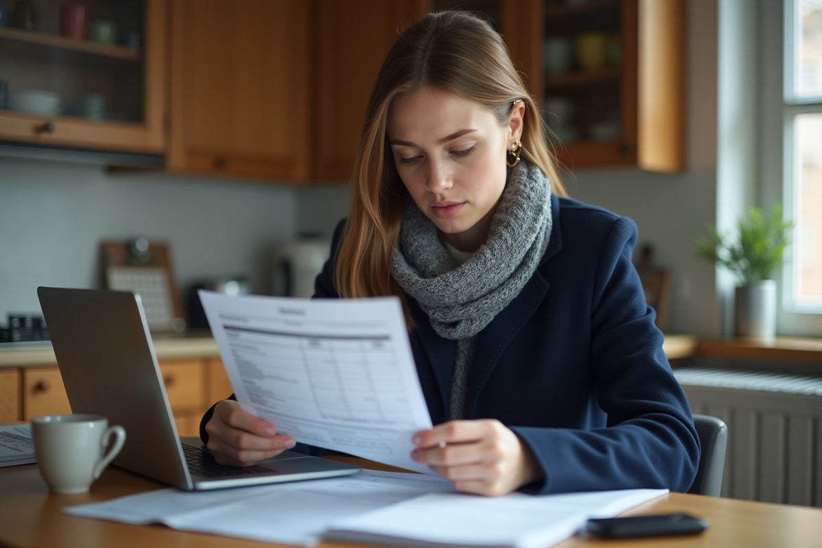 Femme lisant facture auto dans sa cuisine