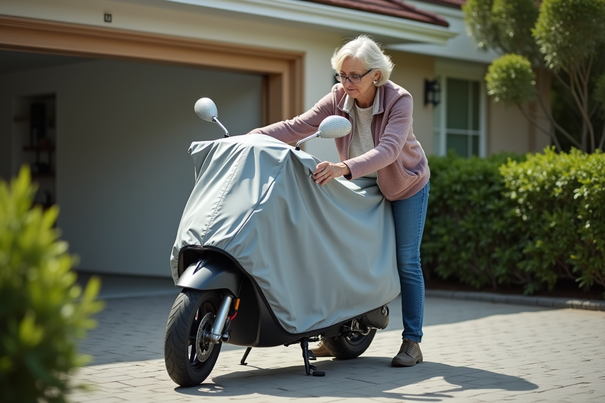 Femme couvrant son scooter dans une cour de banlieue