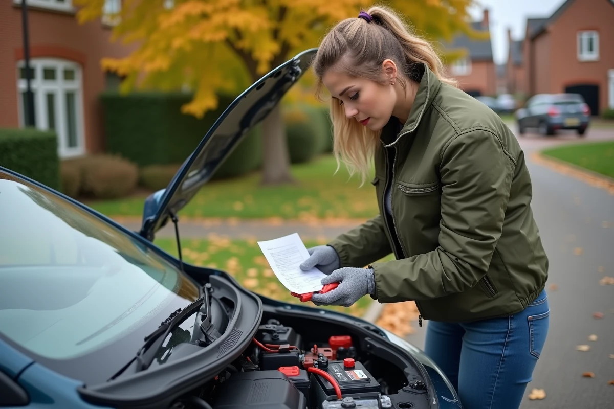 Femme consultant une notice pour débrancher la batterie d'une voiture sur une allée résidentielle en automne