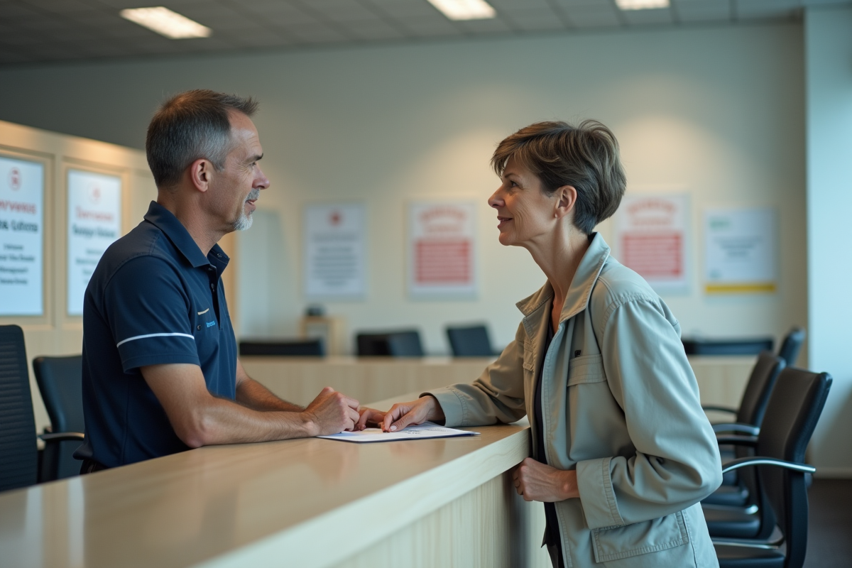 Femme discutant avec agent administratif au bureau d