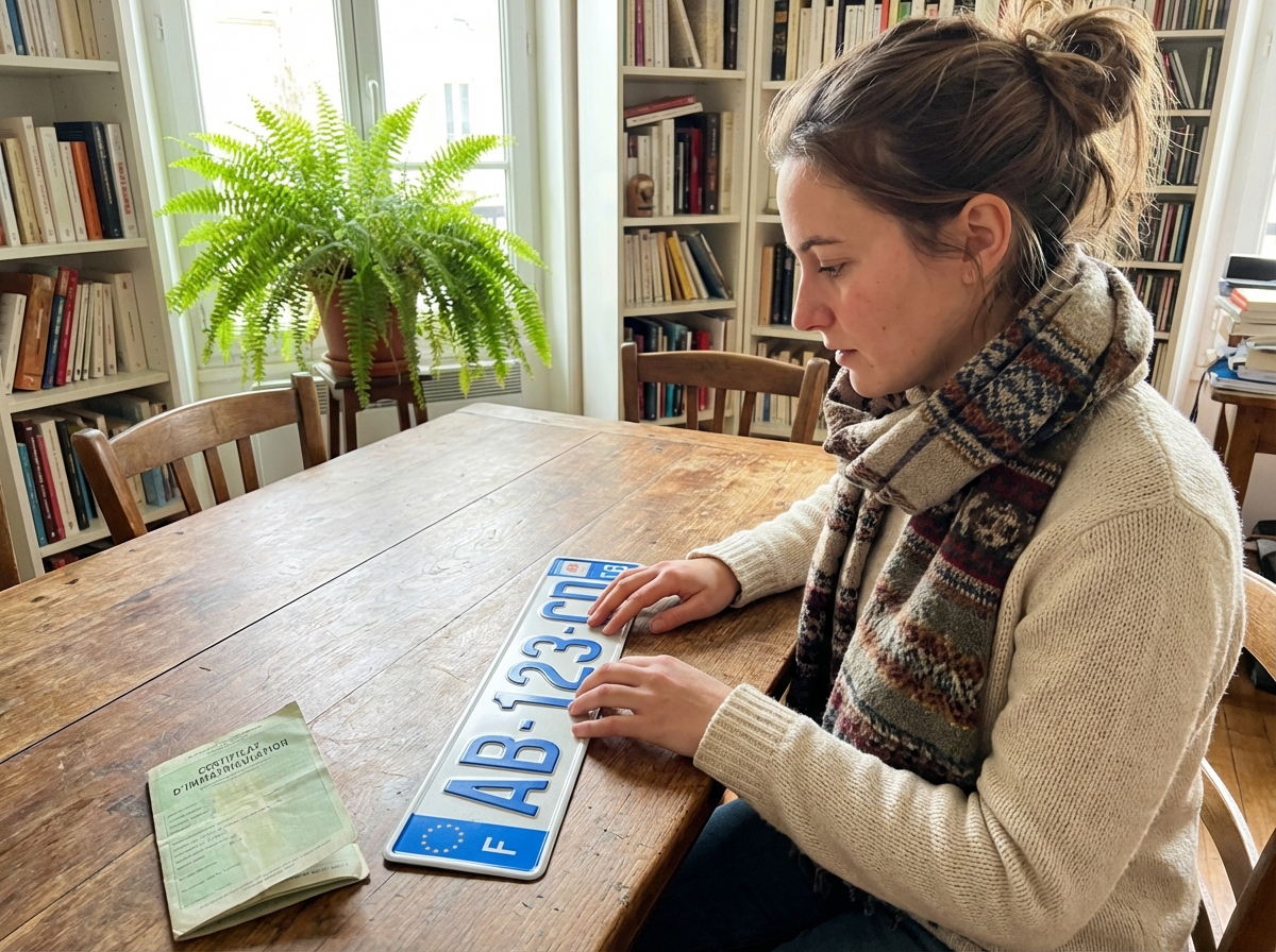 Jeune femme examinant un document de voiture à la maison