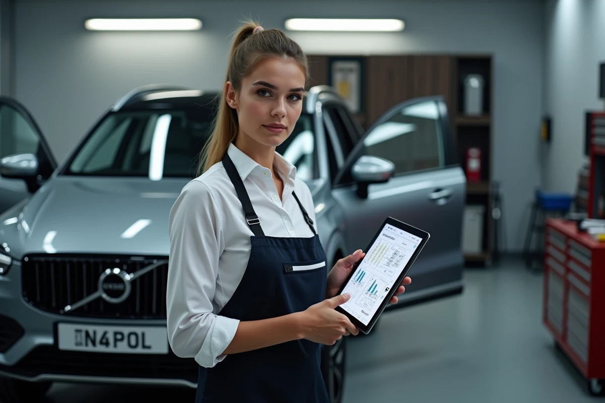 Jeune femme avec tablette dans un garage moderne