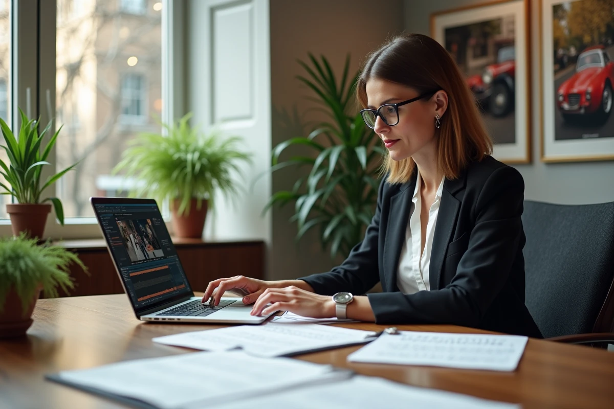 Gestionnaire musicale femme au bureau avec papiers
