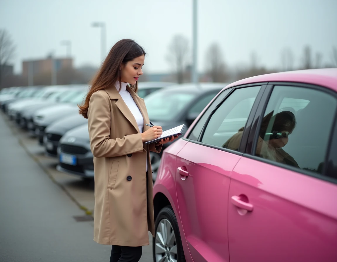 Femme inspectant une Audi A1 rose d'occasion dans un concessionnaire automobile