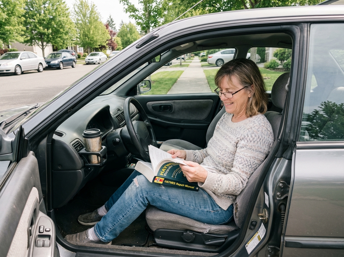 Femme souriante lisant un manuel dans une voiture