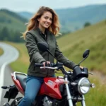 Jeune femme en moto textile sur route panoramique