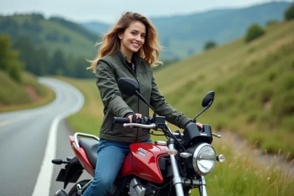 Jeune femme en moto textile sur route panoramique
