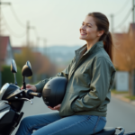 Femme en windbreaker sur moto électrique en ville