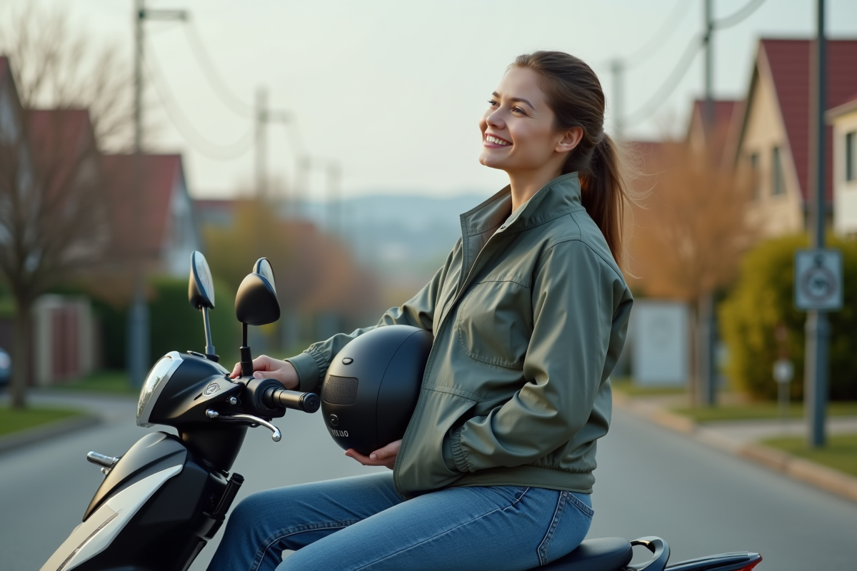 Femme en windbreaker sur moto électrique en ville