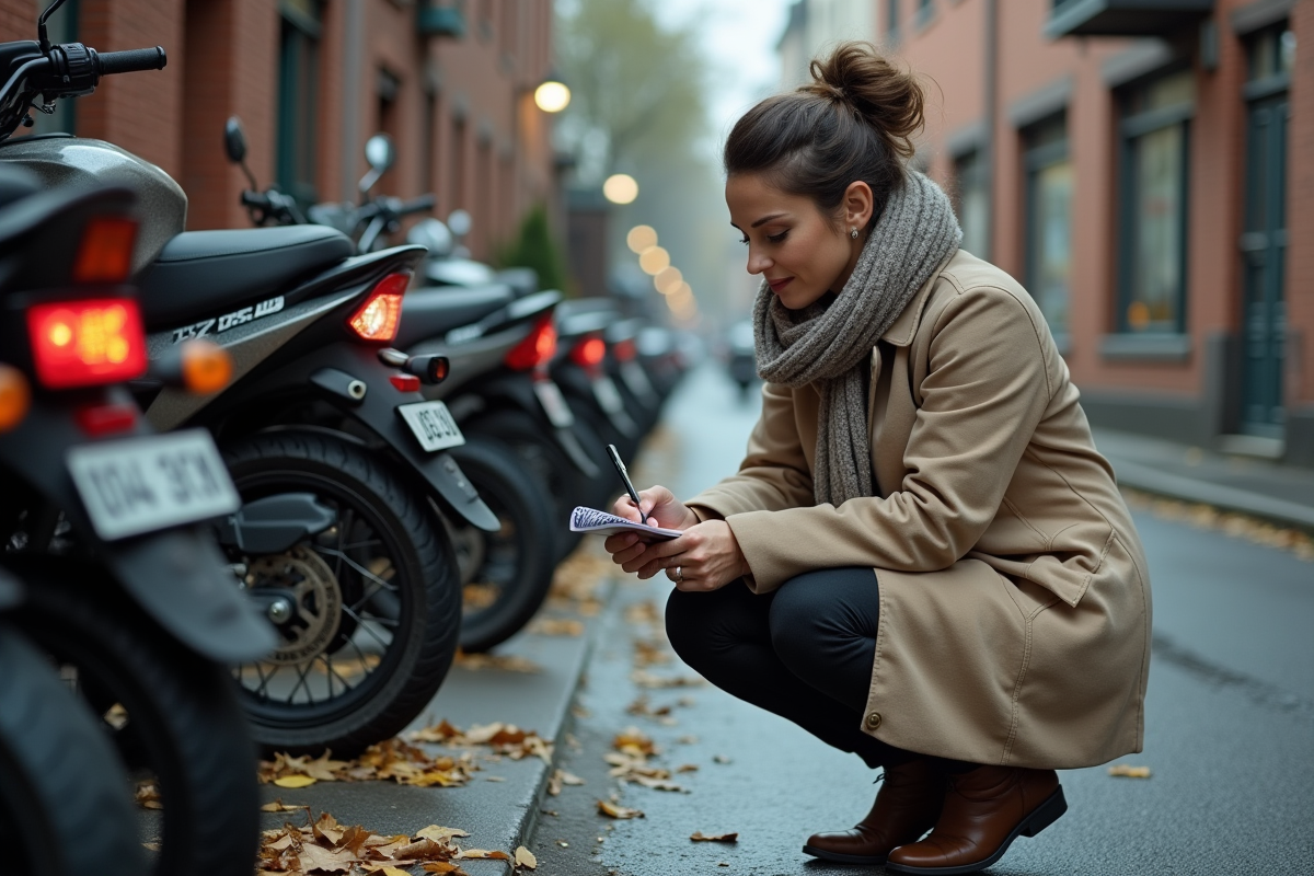 Femme prenant des notes près de motos dans la rue urbaine