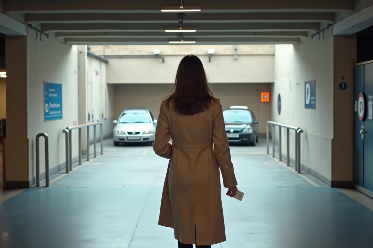 Jeune femme marche vers un parking souterrain à Versailles