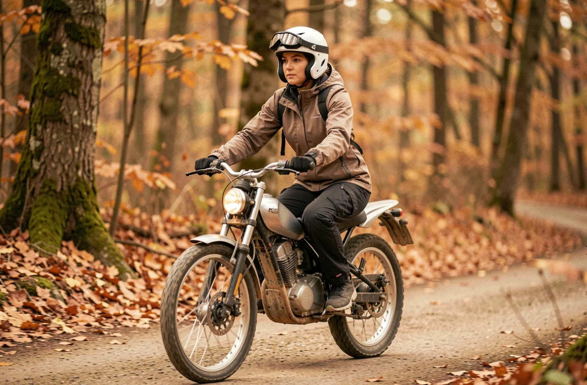Femme pilote en veste d'aventure sur une moto trail légère en forêt automnale sur une piste en terre accessible