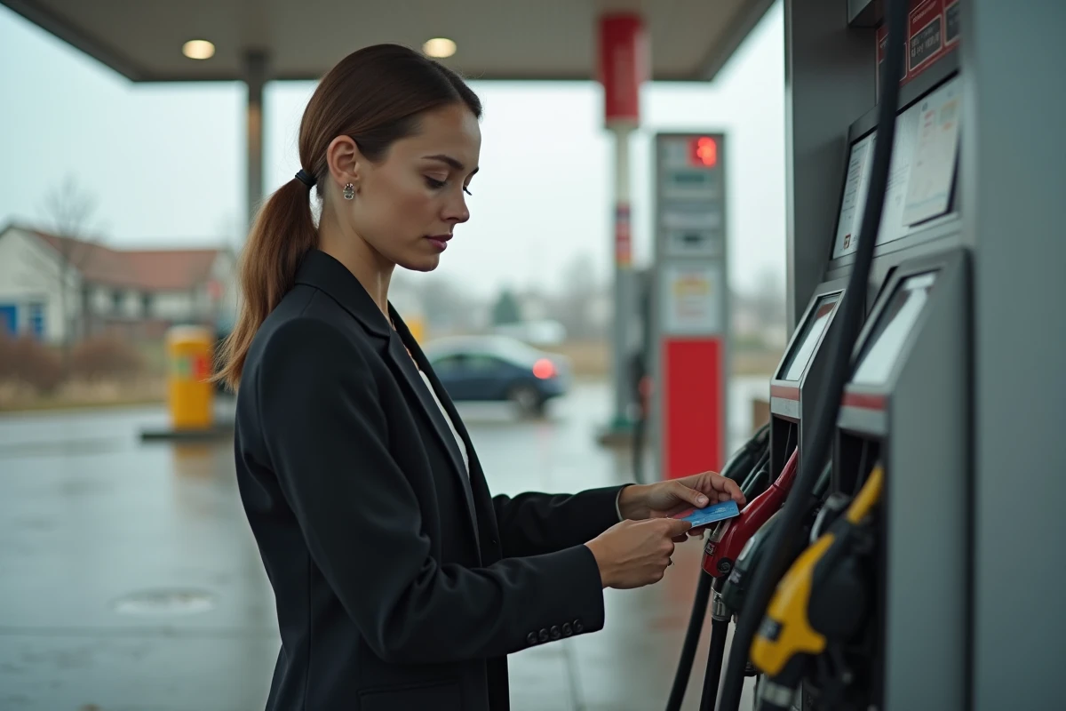Femme faisant le plein d'essence à une station-service lors de son trajet quotidien domicile-travail