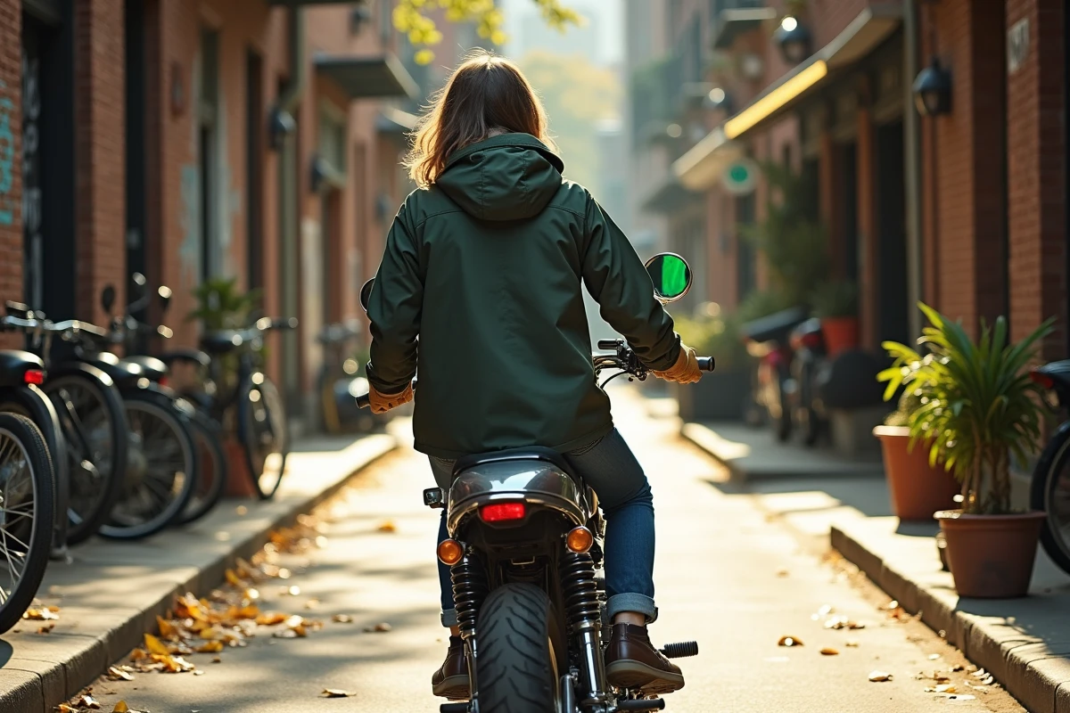 Femme en veste verte poussant une Kawasaki kz400j en ville
