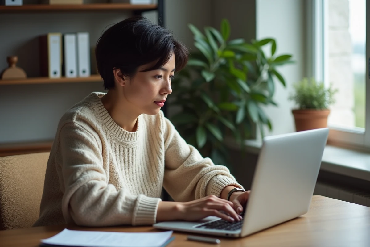 Femme cherchant un code autoradio gratuit sur son ordinateur portable depuis son bureau à domicile