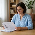 Femme consultant son contrat d'assurance auto à son bureau pour envisager une résiliation