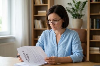 Femme consultant son contrat d'assurance auto à son bureau pour envisager une résiliation