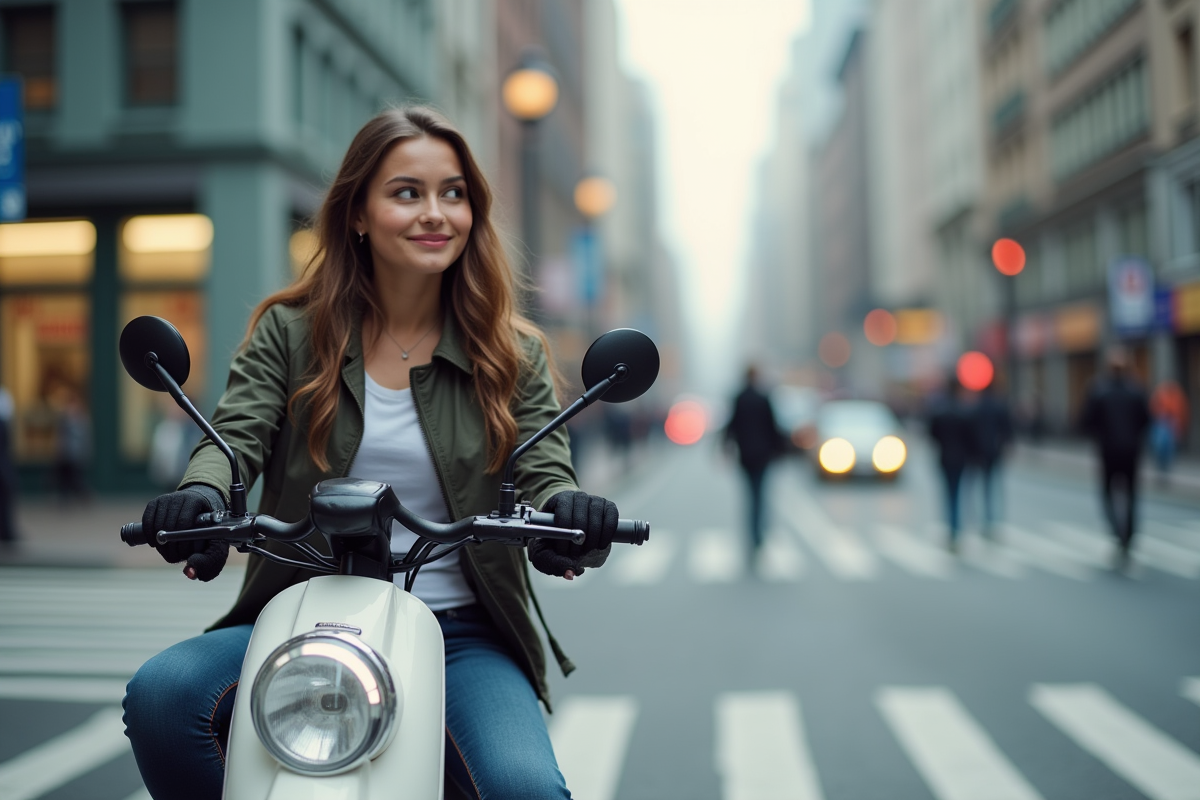 Femme en scooter en ville regardant son téléphone