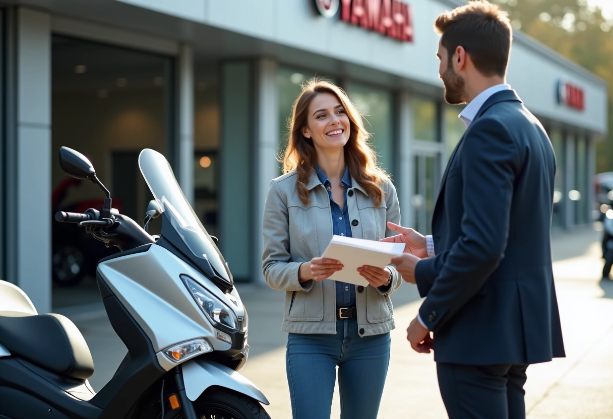 Femme avec documents parle à un représentant devant un scooter Yamaha