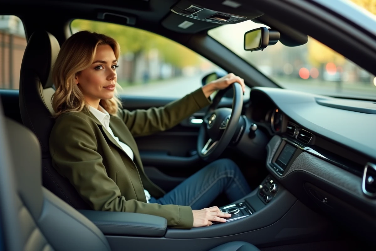 Femme dans l’habitacle d’une berline performante