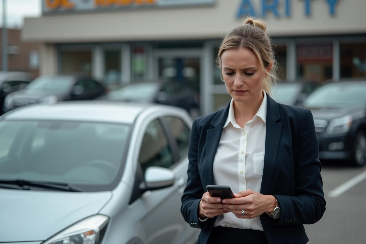 Femme consultant un service de carte grise en ligne depuis son smartphone près de sa voiture