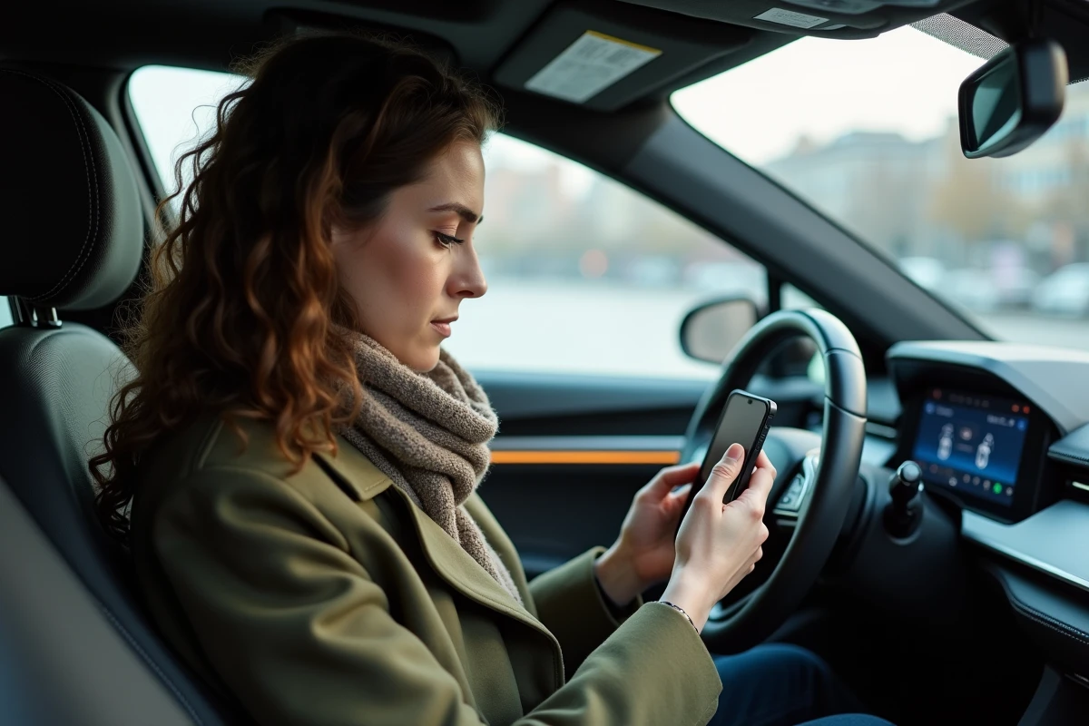 Femme dans l SUV vérifiant son smartphone à l intérieur