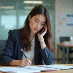 Jeune femme au bureau administratif en pleine concentration