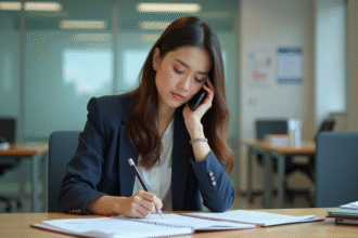 Jeune femme au bureau administratif en pleine concentration