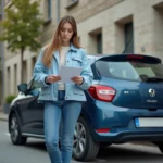 Jeune femme ukrainienne examine documents de voiture en plein air