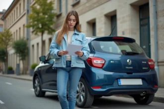 Jeune femme ukrainienne examine documents de voiture en plein air