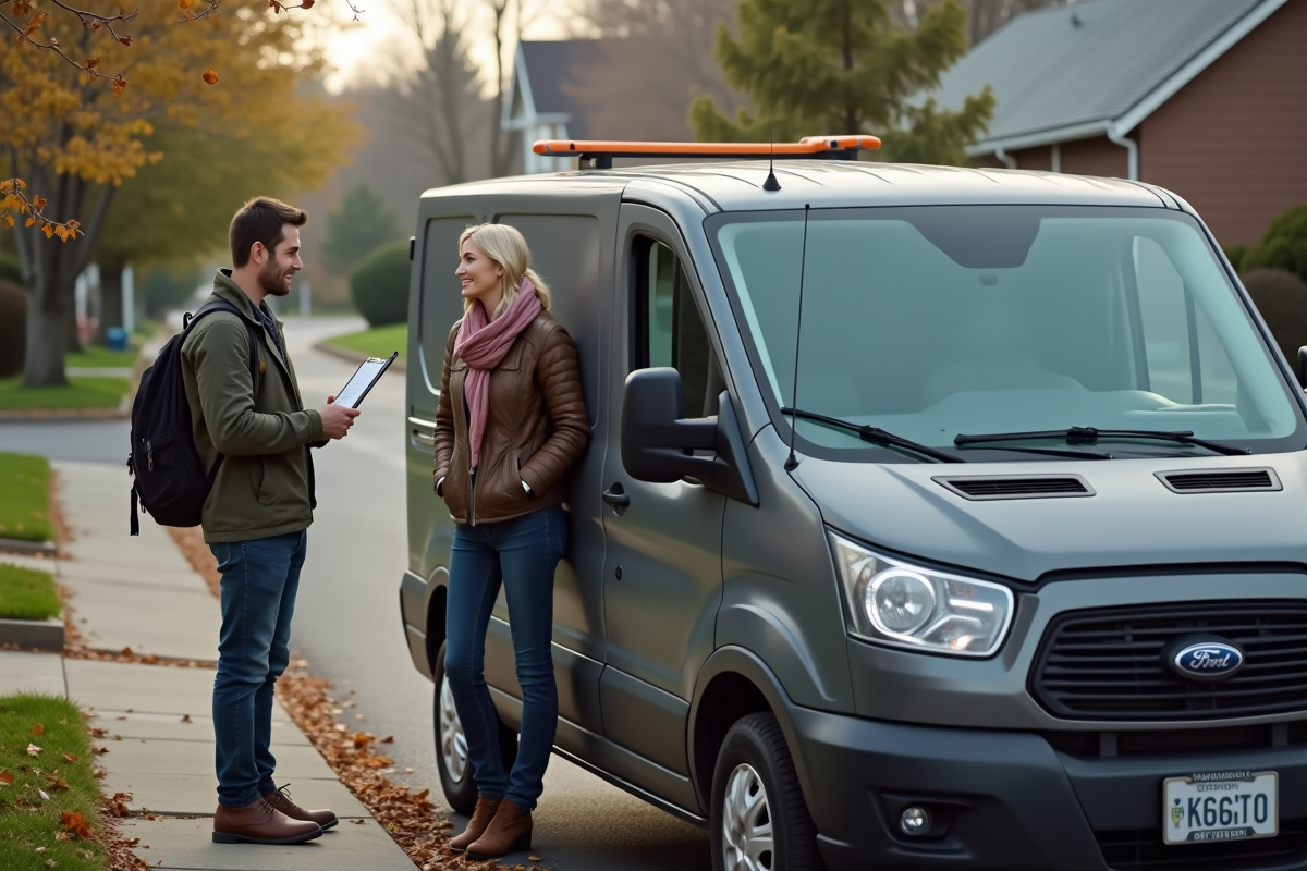 Femme discutant avec un jeune chauffeur de dépanneuse