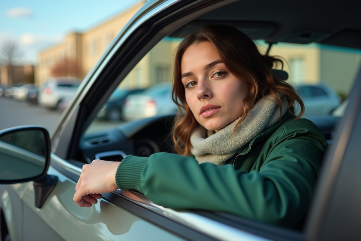 Jeune femme examinant un sticker sur sa plaque d