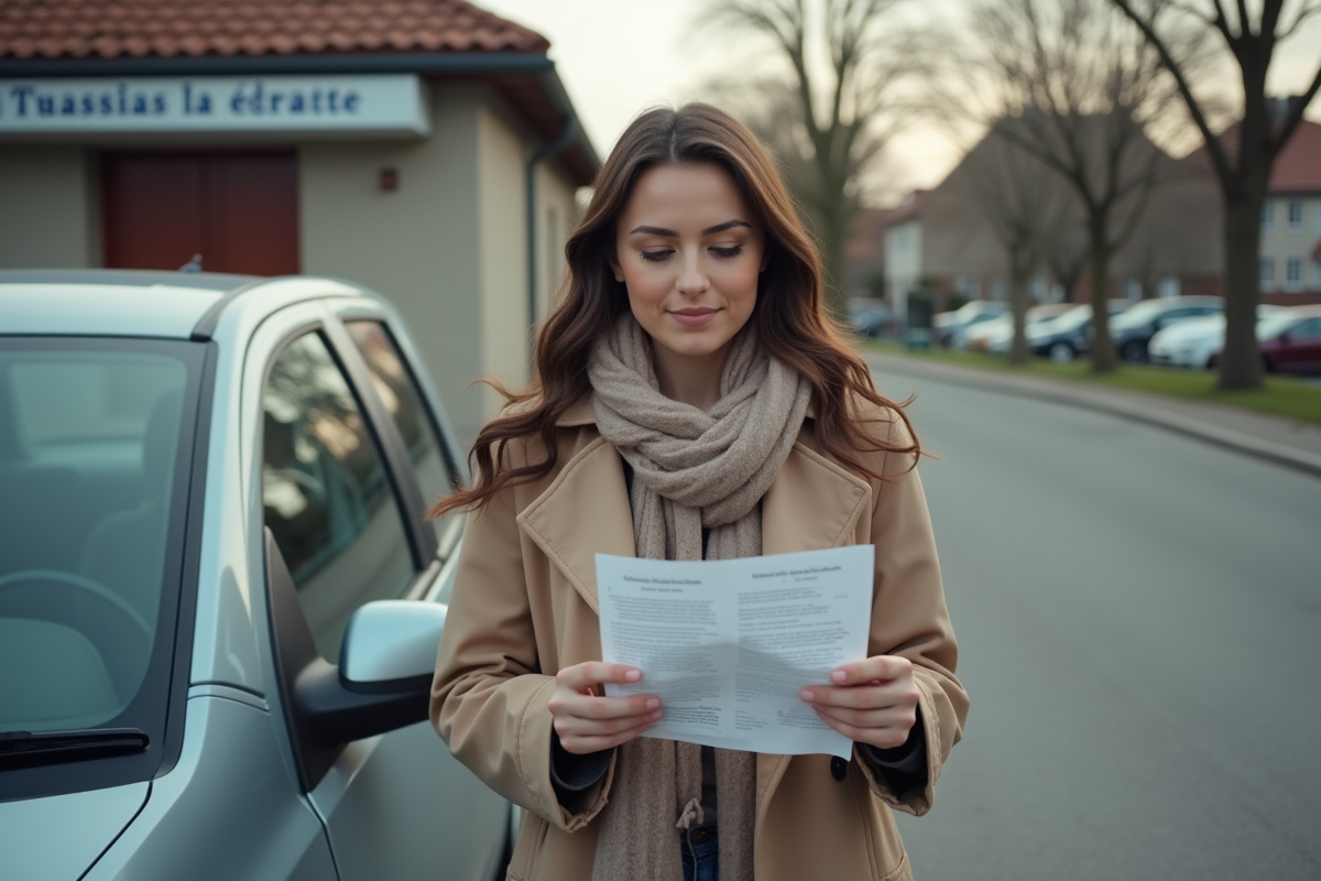 Jeune femme vérifiant des documents à côté de sa voiture