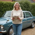 Femme souriante à côté d'une voiture vintage dans une cour