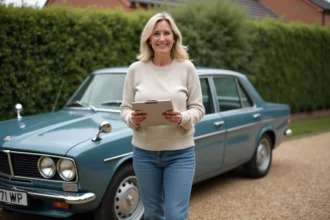 Femme souriante à côté d'une voiture vintage dans une cour