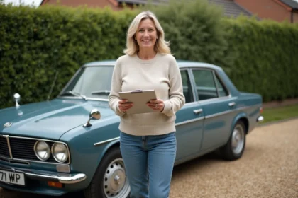 Femme souriante à côté d'une voiture vintage dans une cour