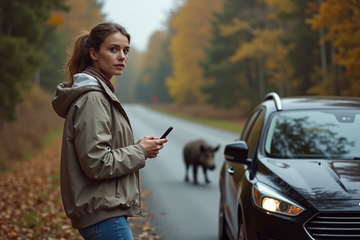 Jeune femme avec sa voiture regardant un sanglier dans la nature