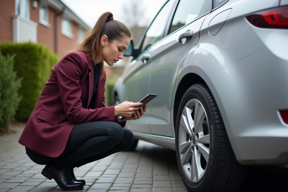 Femme vérifiant la taille des pneus de la voiture