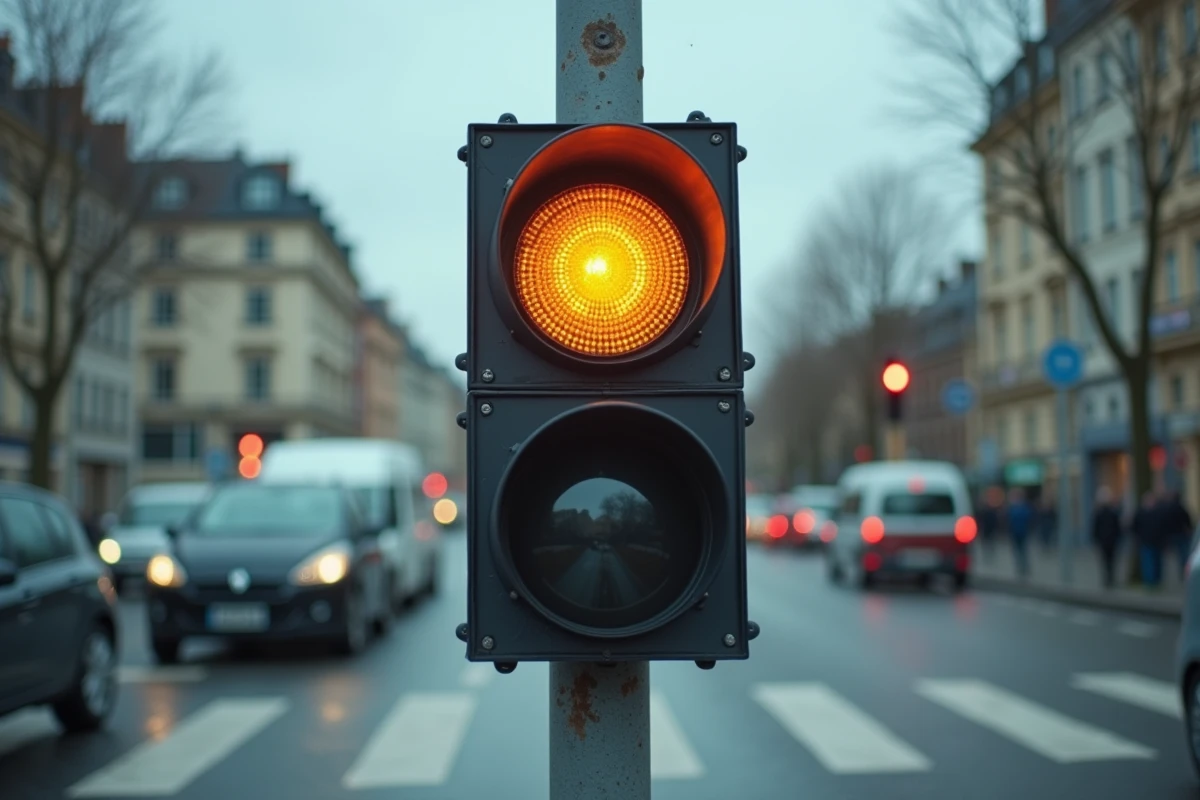Feu de signalisation tricolore avec le signal orange allumé au-dessus d'un carrefour urbain français