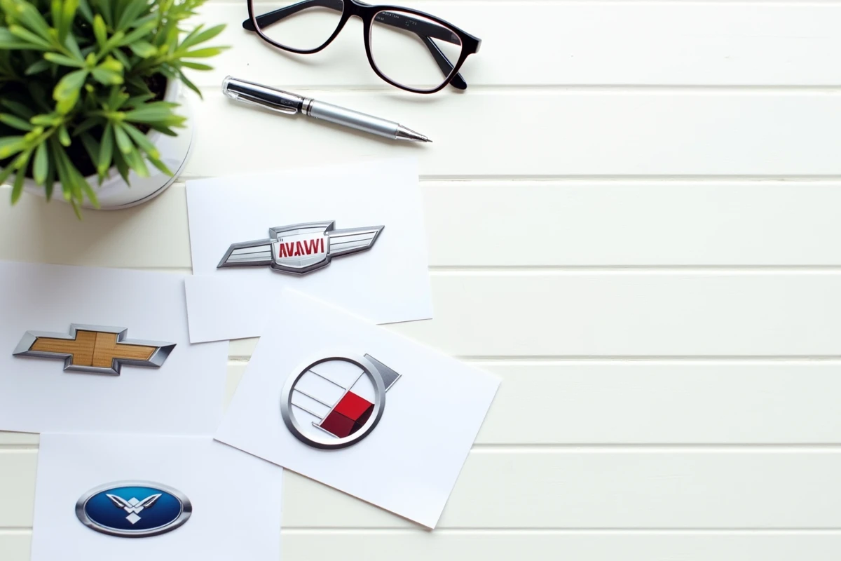 Vue aérienne d'un bureau avec des fiches de logos de marques automobiles pour apprendre à identifier les constructeurs