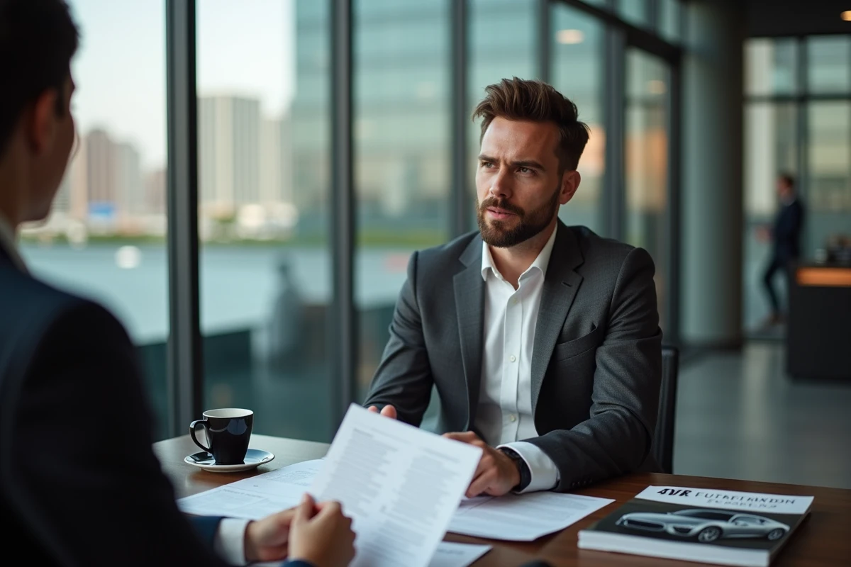 Homme en costume discutant d'un financement automobile avec un conseiller bancaire