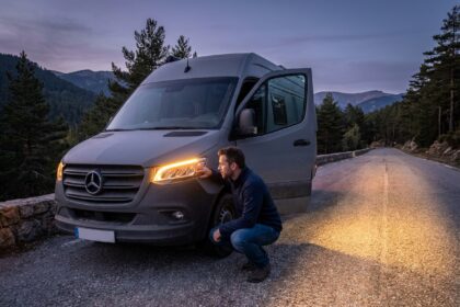 Fourgon aménagé garé en montagne avec phares avant allumés inspectés par un voyageur