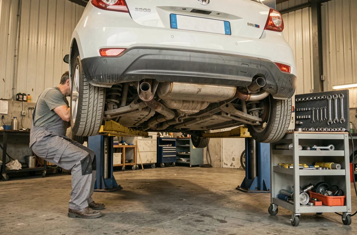 Mécanicien du Garage AD Bourges travaillant sous un véhicule surélevé dans l'atelier de réparation du Cher