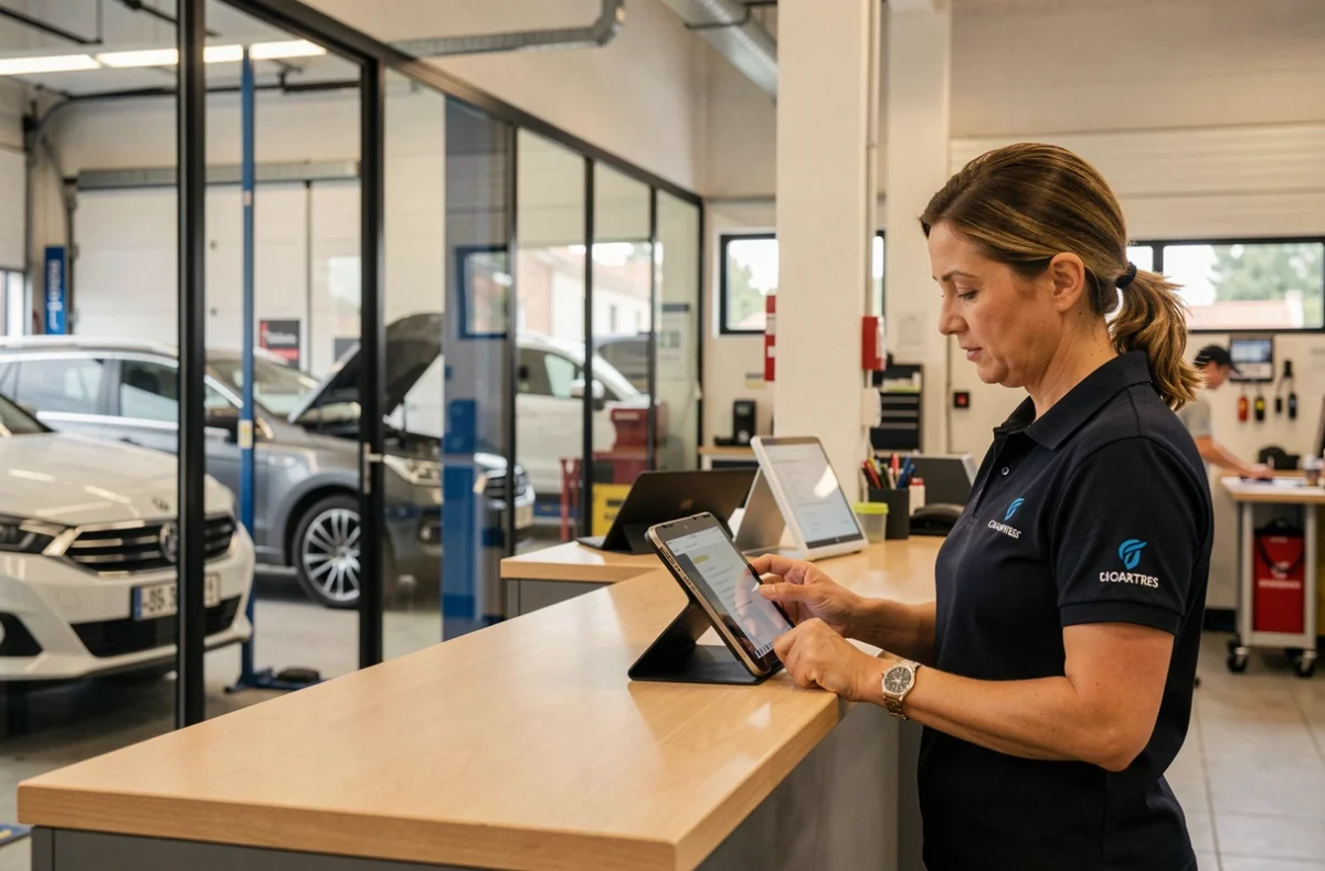 Conseillère du Garage AD Chartres accueillant un client pour l'entretien de son véhicule en Eure-et-Loir