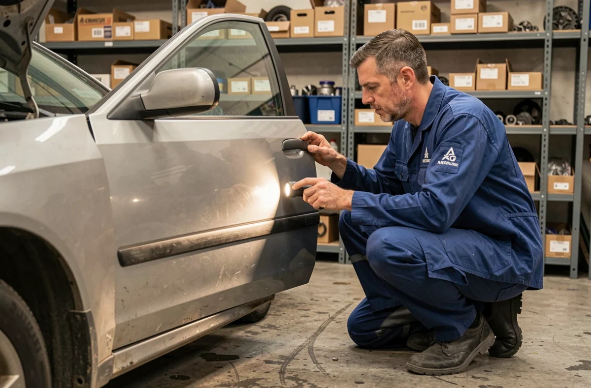 Mécanicien du Garage AD Châteauroux inspectant un véhicule dans l'atelier de réparation de l'Indre