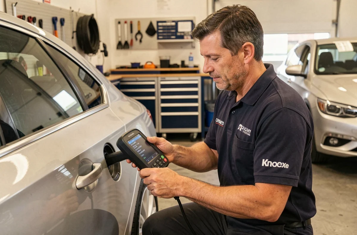 Technicien du Garage AD Orléans Sud effectuant un diagnostic électronique sur un véhicule dans le Loiret